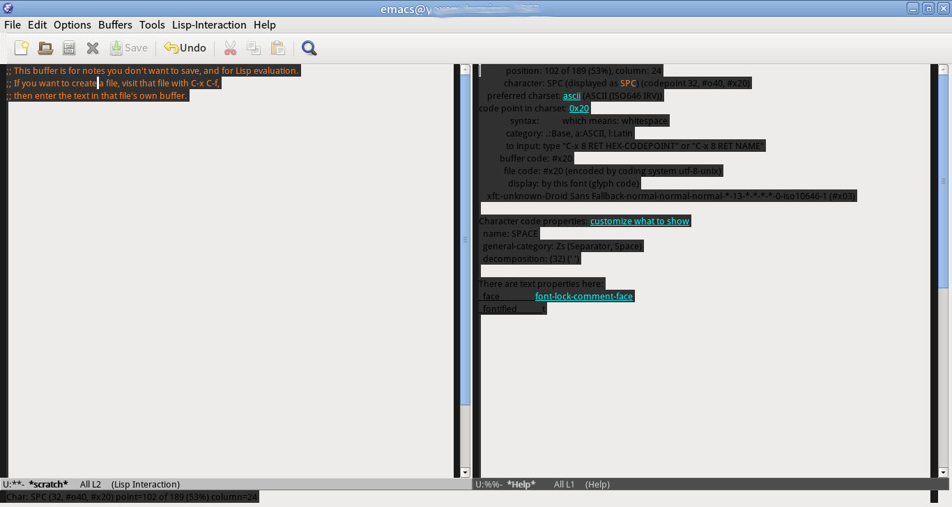 switching to *scratch*, putting the cursor to text of
      which background is "#303030", then C-u C-x =: